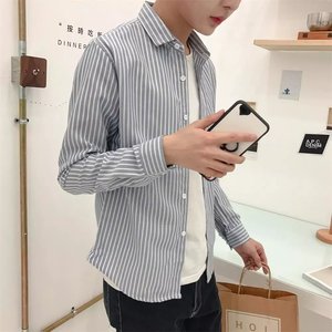 2017春夏季日系文艺复古简约百搭条纹长袖衬衫潮男宽松韩版潮流衬衫男
