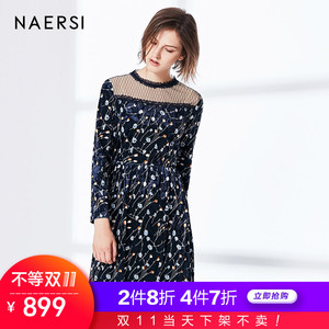 naersi/娜尔思2018春季新款 长袖蕾丝拼接丝绒收腰碎花连衣裙