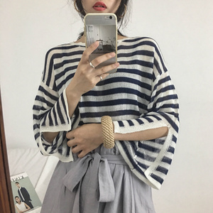 港味复古chic风夏装新款条纹圆领宽松开叉长袖针织衫毛衣女上衣潮毛衣