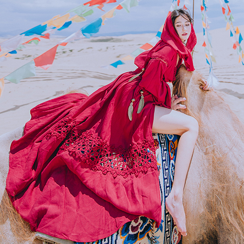 忆旅行西藏青海湖沙漠旅游复古大摆长裙子民族风红色棉麻连衣裙女