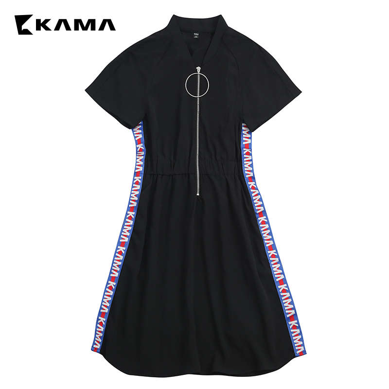 KAMA女士卡玛夏季新款小黑色连衣裙学生棒球领显瘦a字裙潮7218152