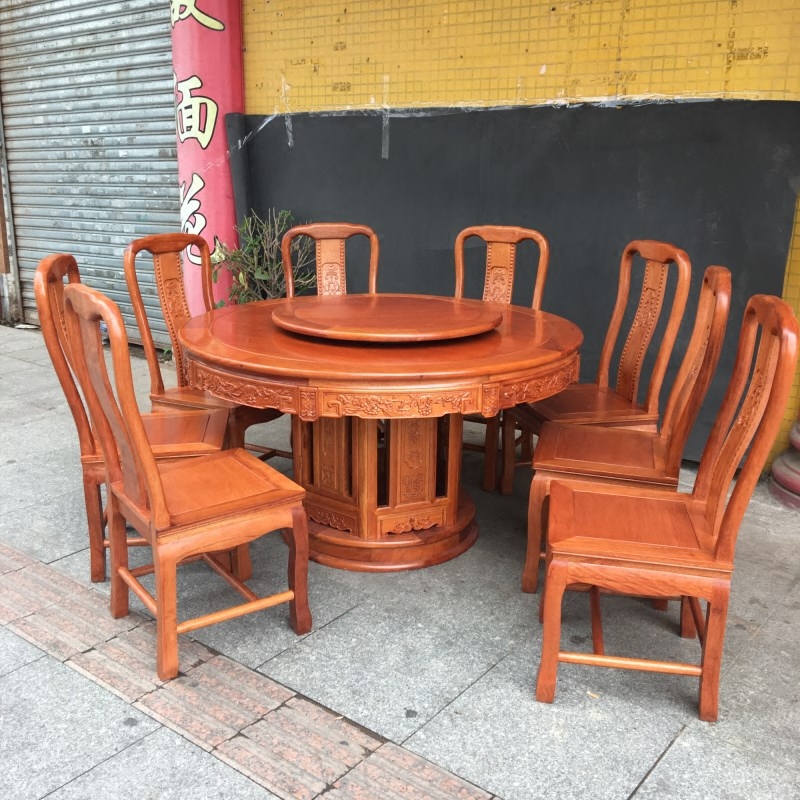 住宅红木家具圆餐台花梨木色菠萝格全实木客厅餐桌椅组合可带转盘