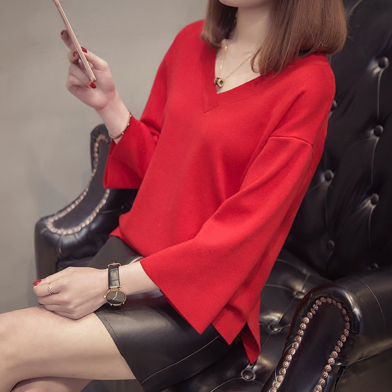 v领毛衣女2018春装新款七分袖宽松短款红色上衣显瘦针织打底衫潮针织衫女