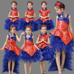元旦女童古筝蓬蓬公主纱裙表演服装儿童演出服中国风大合唱舞蹈裙
