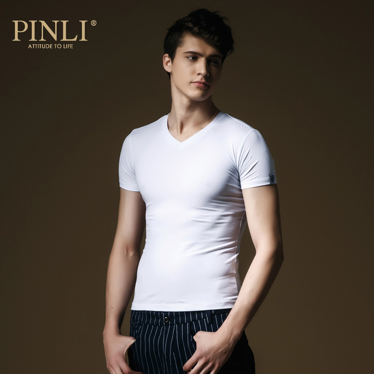 PINLI品立男士短袖T恤夏季半袖体恤男装纯色修身衣服打底衫潮上衣