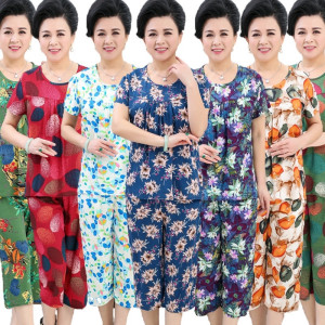 中老年女装夏装短袖纯棉绸套装50岁妈妈夏季两件套60岁老奶奶套装中老年女装