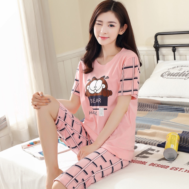 睡衣女夏季纯棉短袖七分短裤韩版可爱卡通加大码家居服薄款套装夏短袖睡衣