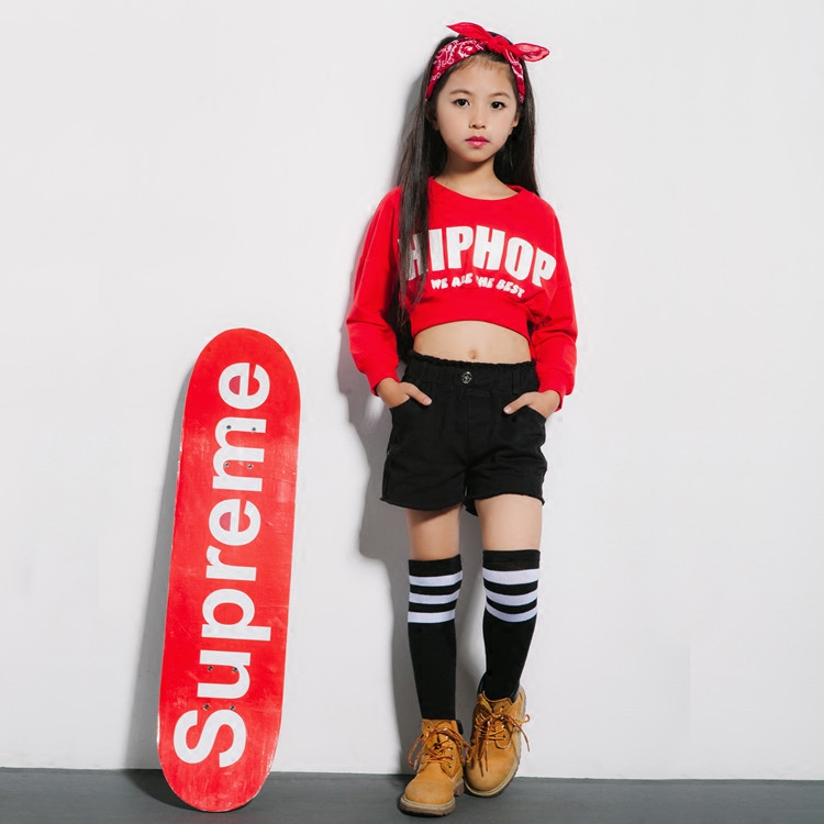 韩版儿童爵士舞演出服装现代舞蹈女童街舞HIPHOP嘻哈表演红色卫衣儿童表演服