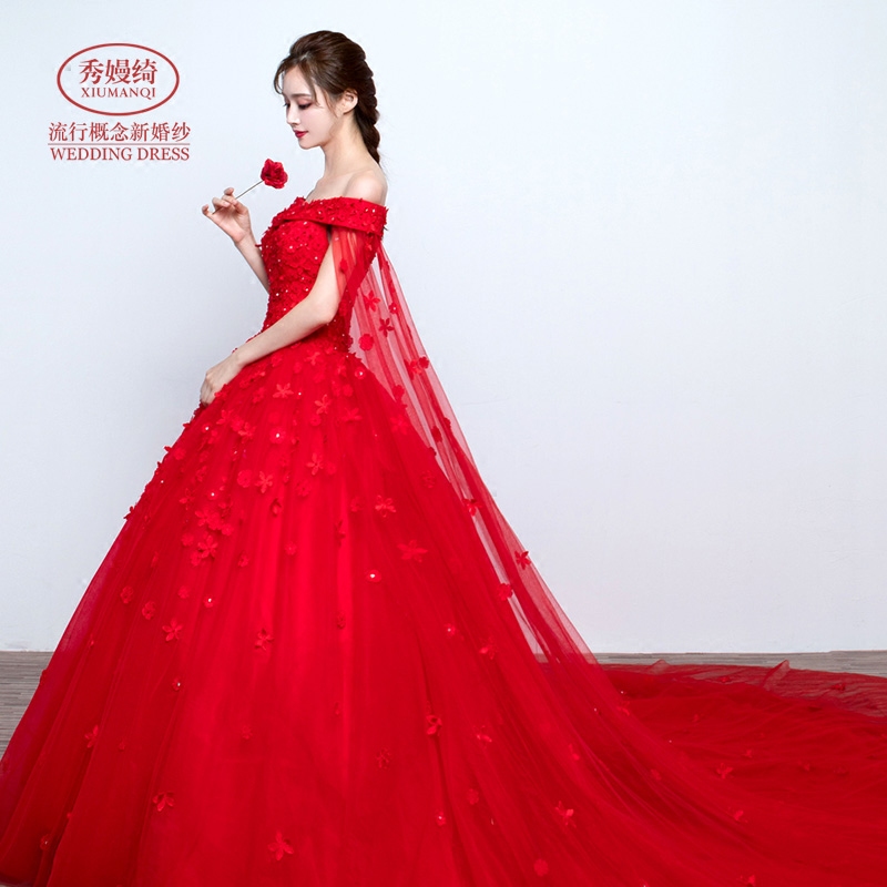 蕾丝一字肩结婚拖尾红色婚纱礼服新款2018春季新娘显瘦奢华齐地女婚纱