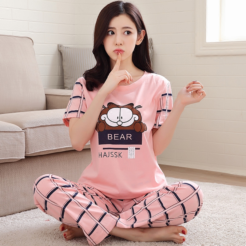 睡衣女夏季纯棉短袖长裤休闲可爱卡通薄款家居服春夏款加大码套装短袖睡衣