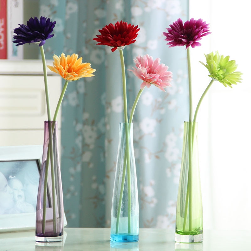 现代简约时尚水晶玻璃花瓶家居装饰品摆件非洲菊仿真花餐桌小花插花瓶装饰品
