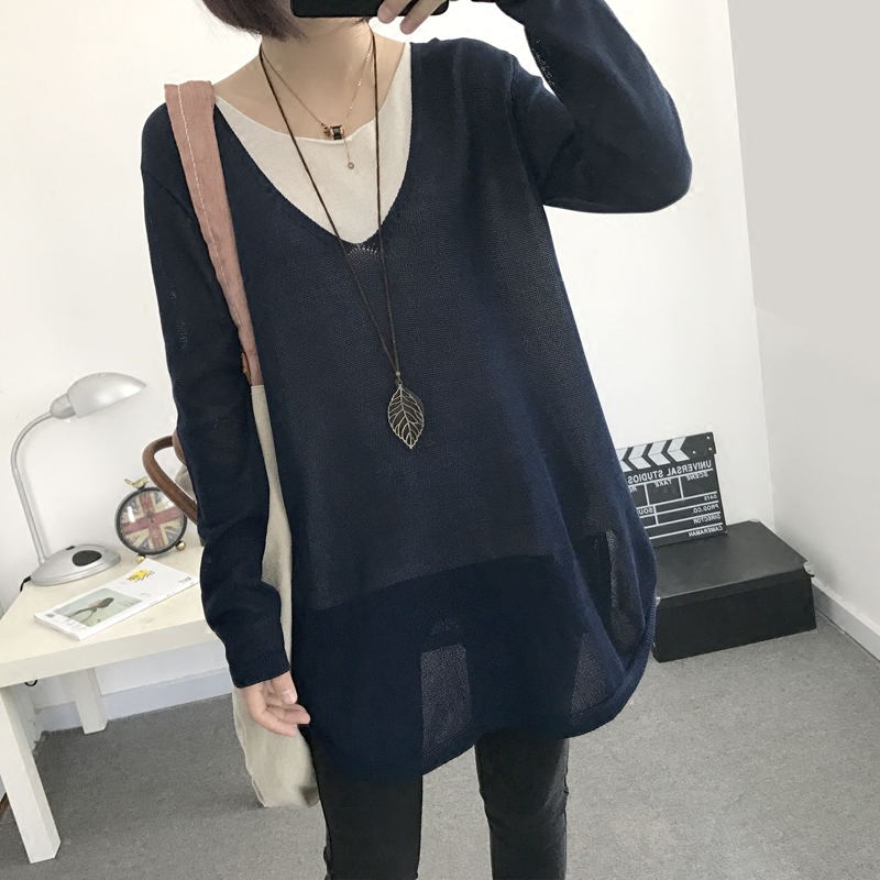 春装中长款V领宽松亚麻套头纯色假两件套毛衣针织衫女长袖打底衫针织衫女