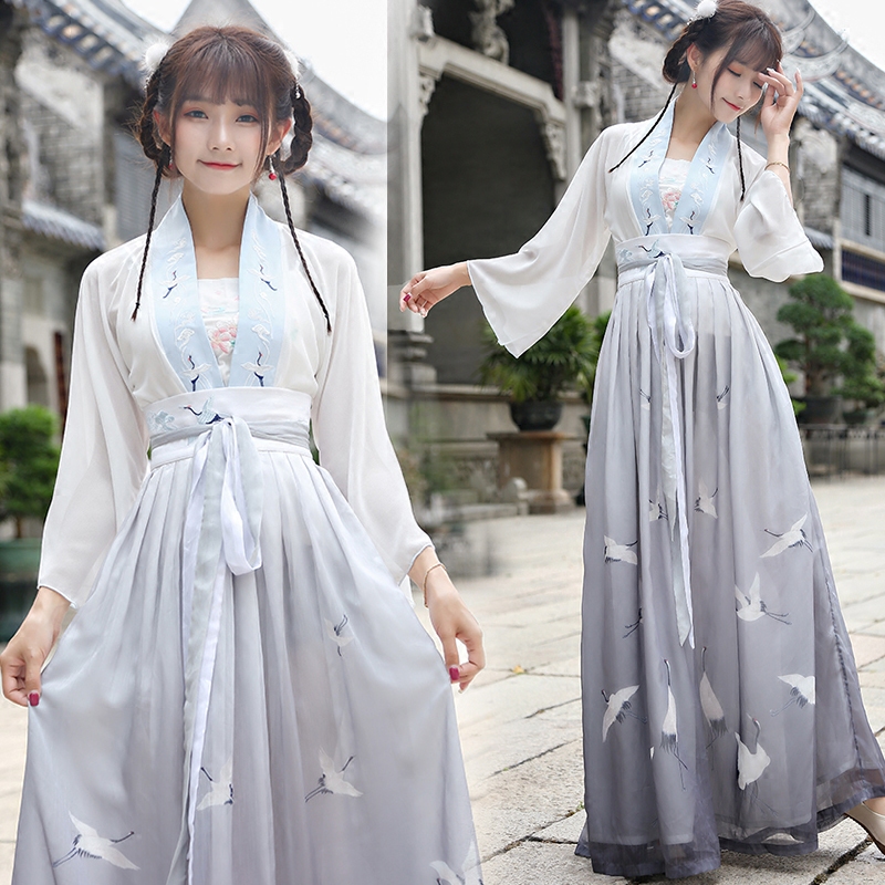夏装新款改良汉服女绣花雪纺上衣+中国风齐胸两穿襦裙套装礼服女汉服