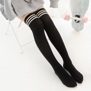 日系黑色过膝袜女高筒韩国学院风学生复古三条杠条纹运动长筒袜子