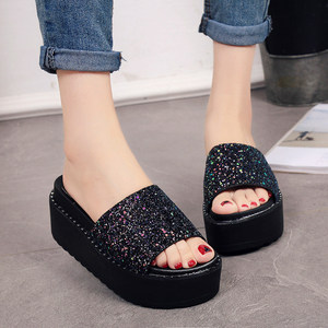 新款亮片拖鞋女夏季2018高跟厚底凉拖鞋松糕