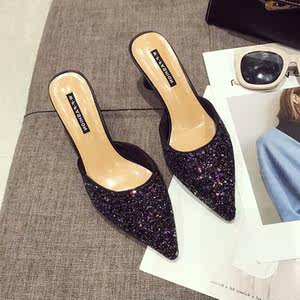 新款女式女生季凉拖鞋细跟尖头高跟鞋中跟韩版