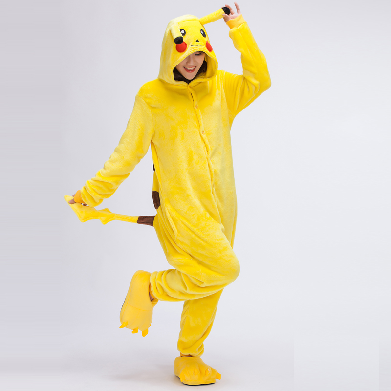 情侣连体睡衣法兰绒如厕 冬季卡通动物皮卡丘男女成人家居服套装