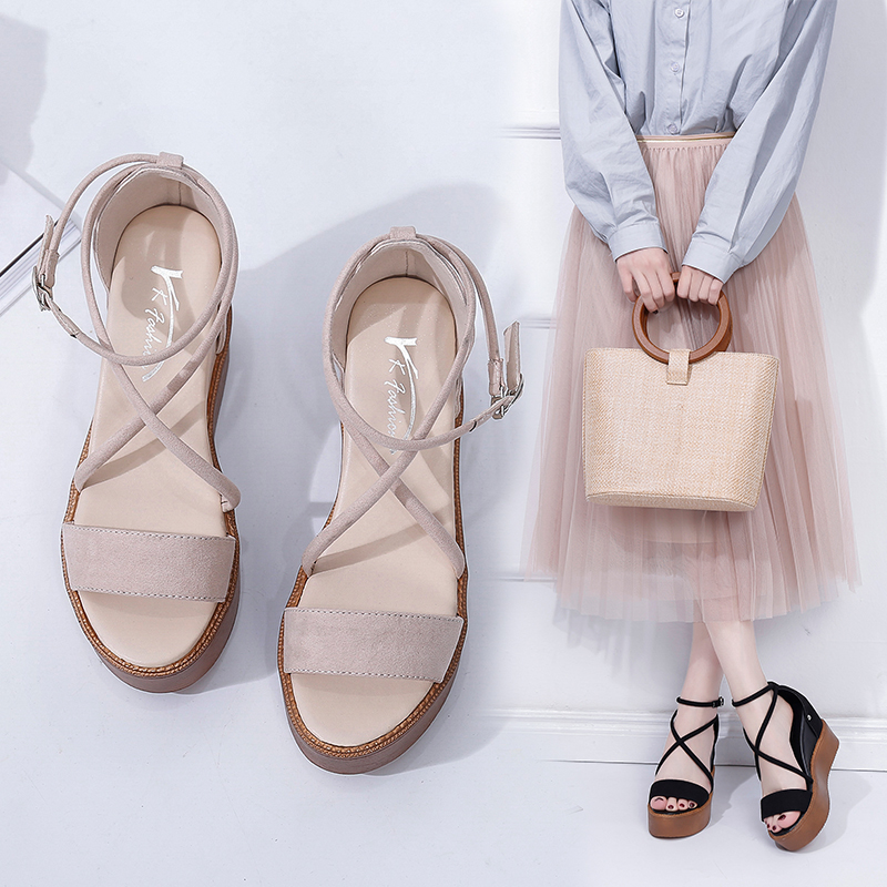 Silang untuk Mengikat Ambil Tebal Bawah Pendakian Gaun Modis Tumit Sepatu Wanita Sepatu Tinggi-Heeled sepatu Di Roma 2018 Gaya Baru Di Musim Panas 100 Ambil Wanita-Internasional