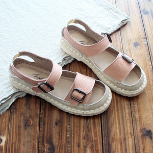 文艺范小清新夏季新款凉鞋皮带扣露趾软底真皮缝制手工森女风 span