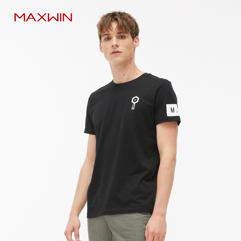 MAXWIN马威夏季纯棉男士短袖T恤圆领T恤纯色印花短袖T恤潮