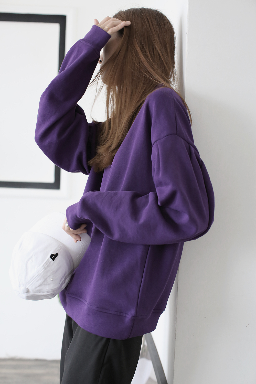 vnook2017秋季新款 质感拼接领口皱褶设计圆领纯色宽松卫衣 女