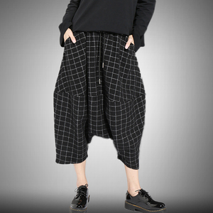 2019春秋女士休闲裤宽松毛呢格子吊裆 span class=h>垮裤 /span>女