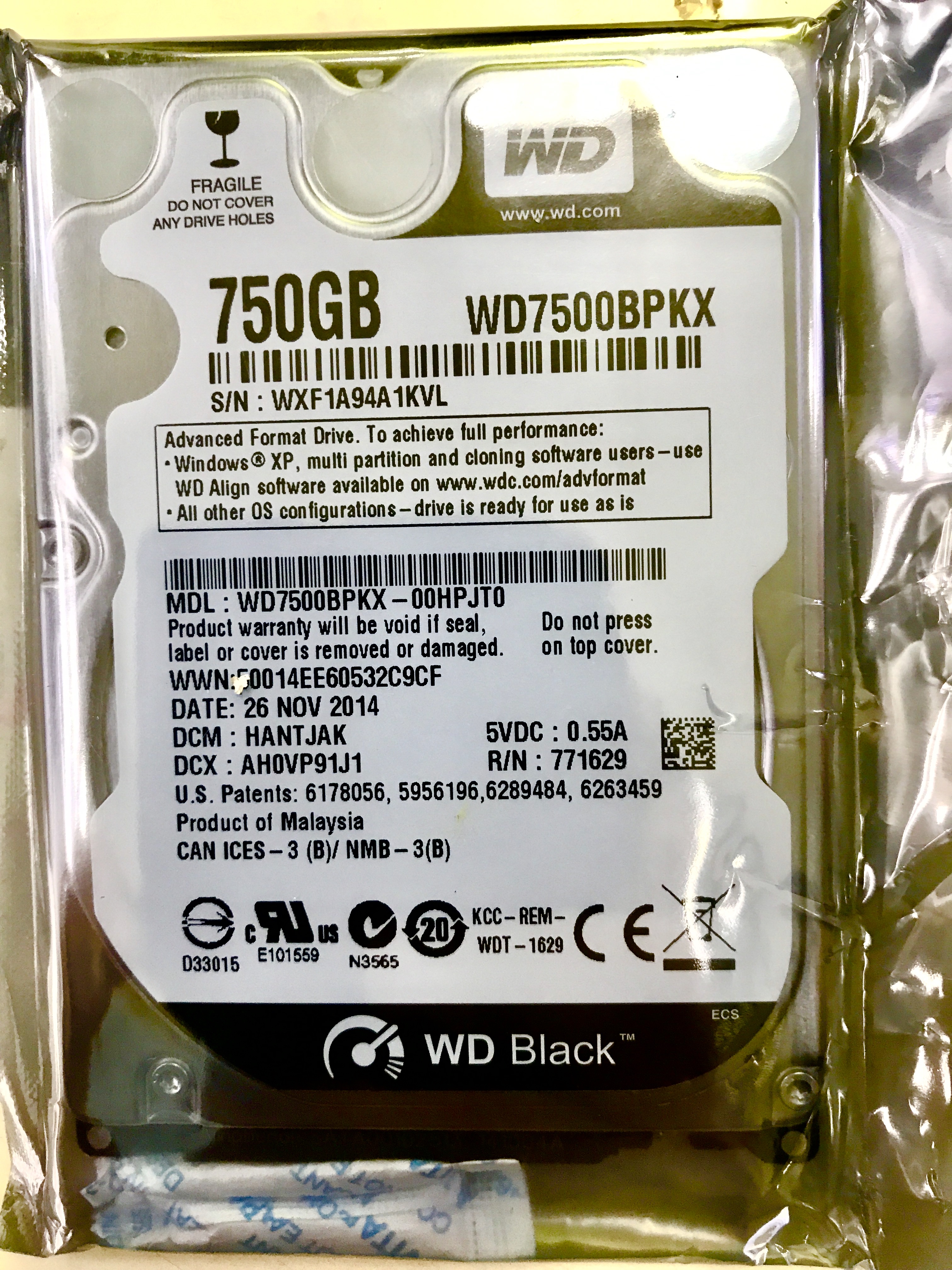 wd/西部数据 wd7500bpkx黑盘 750g 7200转16m 笔记本机械硬盘
