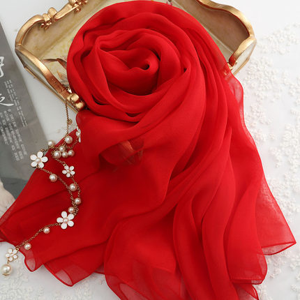 大红色100%桑蚕丝乔其长款真丝丝巾披肩女纱巾春秋冬夏季丝绸围巾