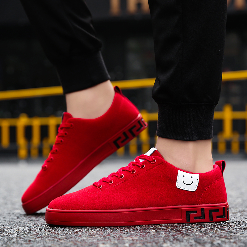 反绒皮大红色男鞋子运动风笑脸配牛仔裤的高腰板鞋小红鞋平底秋鞋
