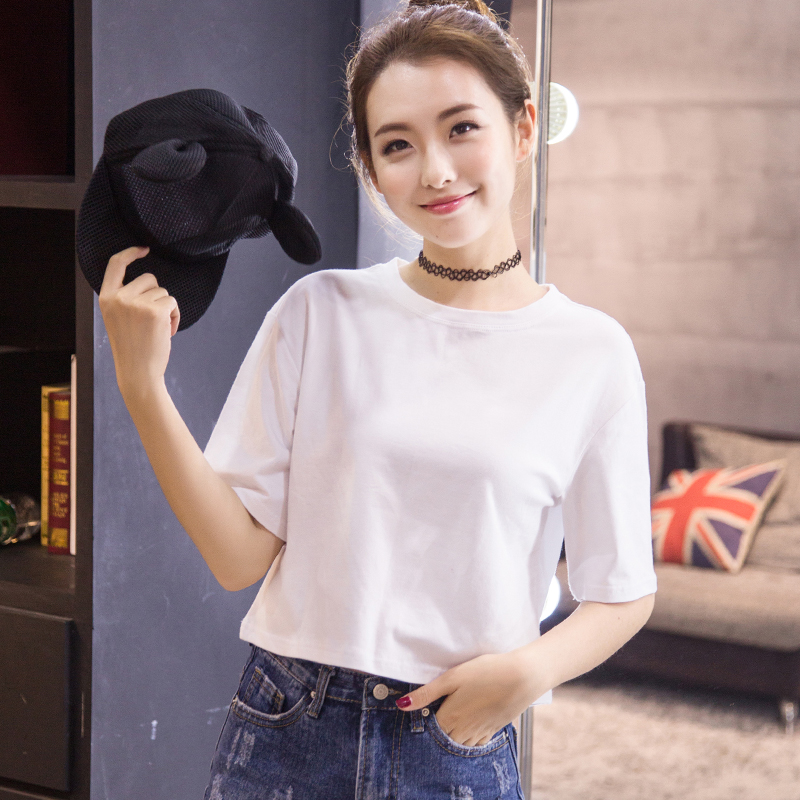 露脐韩版上衣短款t恤女短袖夏宽松简约白色高腰漏肚脐小圆领体恤