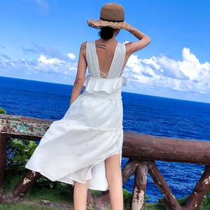 波西米亚白色性感v领露背吊带裙女长裙巴厘岛海边度假沙滩裙连衣