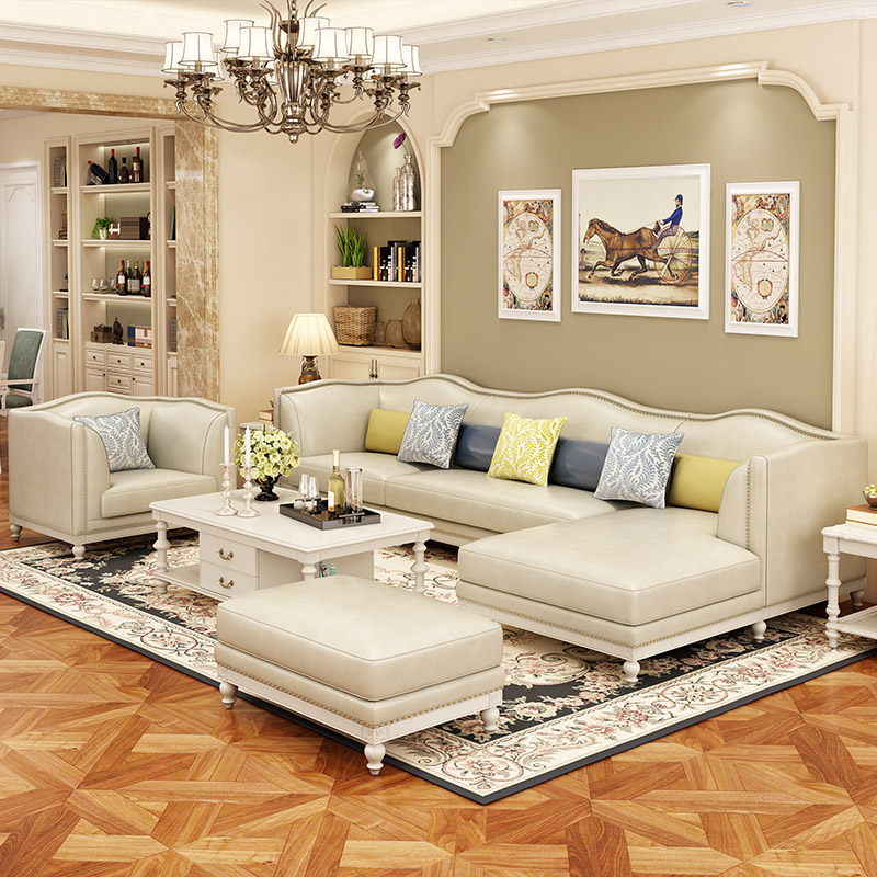 美式乡村客厅转角实木皮质贵妃沙发组合小户型欧式北欧真皮艺沙发