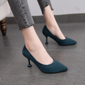 2019新款高跟鞋女绒面尖头猫跟鞋中跟百搭黑色职业工作鞋细跟单鞋