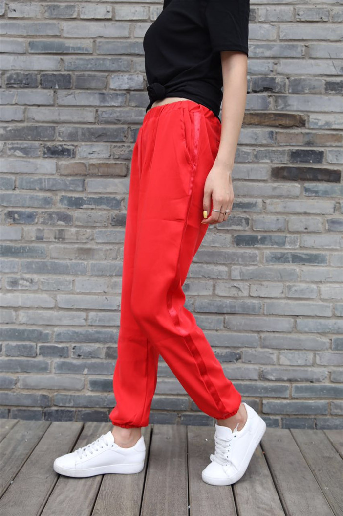 松紧腰红色裤子哈伦裤女夏季宽松长裤薄款显瘦百搭九分休闲裤女潮
