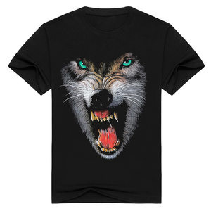 男装秋欧美款3d数码印花动物狼性个性纯棉黑色狼头  形短袖t恤