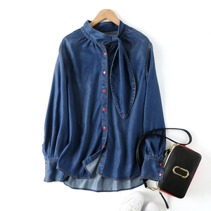 别致的飘带领口设计客供天然植物天丝纤维面料柔软长袖牛仔衬衫女