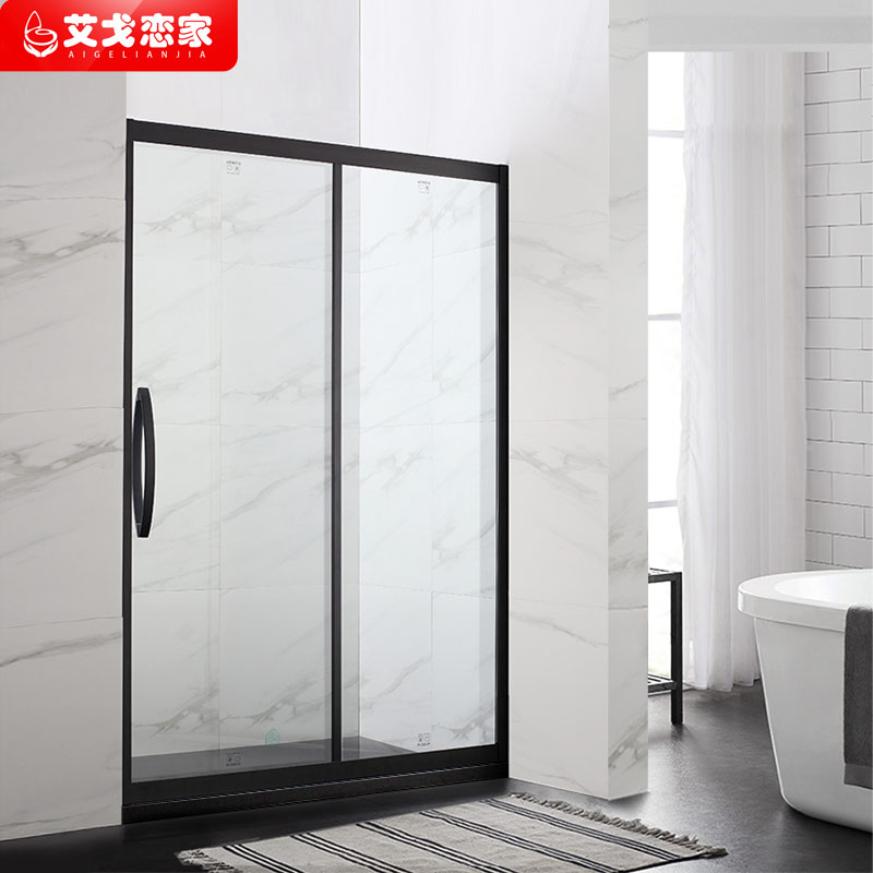 黑色淋浴房一字型简易玻璃隔断定制不锈钢移门家用沐浴房洗澡间