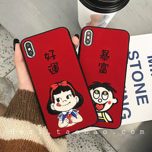 >iphonex/7p/8p情侶6s軟殼iphone8/7plus毛絨刺繡ix好運暴富少女款潮