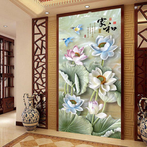 5d无缝中式浮雕3d立体大型壁画玉雕荷花家和福字玄关过道走廊壁纸
