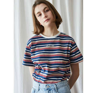 韩国采购品牌买手店 luv is true正品logo印花配色条纹短袖t恤女