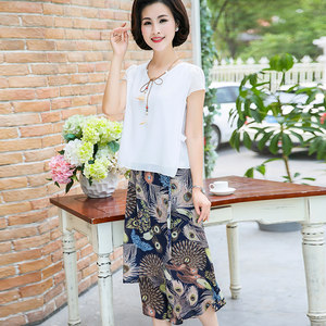 妈妈夏装两件套雪纺衫上衣中年女30-40-50岁中