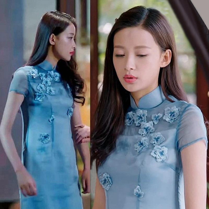 因为遇见你孙怡张果果明星同款女17春夏新浅蓝色贴花旗袍款连衣裙