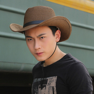 夏季新款男士西部牛仔帽可折叠草帽沙滩遮阳大沿帽礼帽子带防风绳