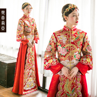 高檔秀禾服中式禮服龍鳳褂新娘紅色嫁衣女2017秋冬季結婚旗袍長款