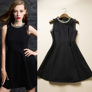 秋冬女装新款简约时尚无袖裙子百搭款高端领口钉珠 span class=h>背心