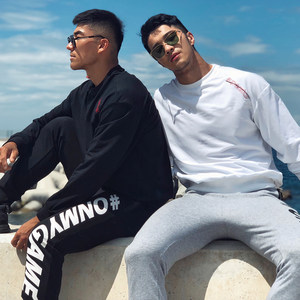 omg潮牌ins超火的春秋新款纯色刺绣宽松圆领无帽套头运动 span class=