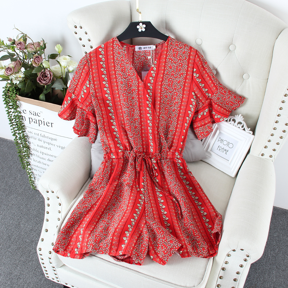 h31新款韩版女装高腰碎花雪纺连体裤夏v领度假连衣阔腿短裤潮7435