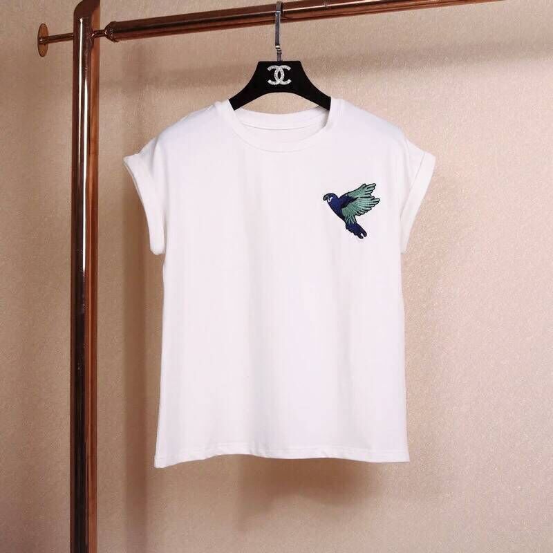 超柔软丝光棉~法国 17夏装 可爱精致小鸟刺绣白色百搭t恤女tab