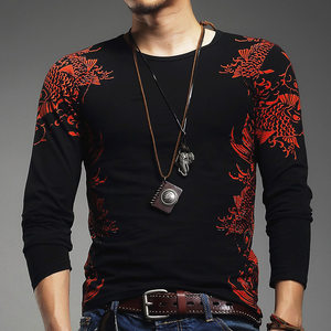 潮男个性帅气中国风鲤鱼纹印花长袖t恤霸气黑社会小伙夜店打底衫