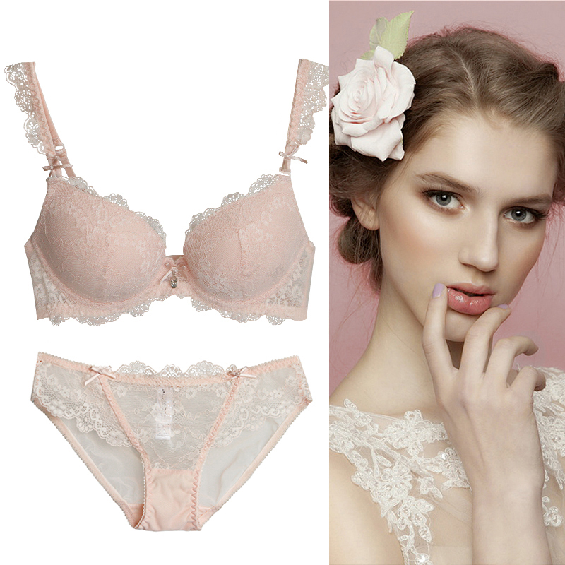 内衣女聚拢 樱桃蜜小胸甜美少女大码性感深v胸罩蕾丝内衣文胸套装